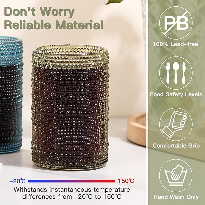 JOVGANK Colored Vintage Hobnail Drinking Glasses Set of 6, Water Tumbler 15oz, Kitchen & Bar Beaded Highball Glasses, Beverage Glass Cups for Water, Beer, Juice, Housewarming and Mother's Day Gift