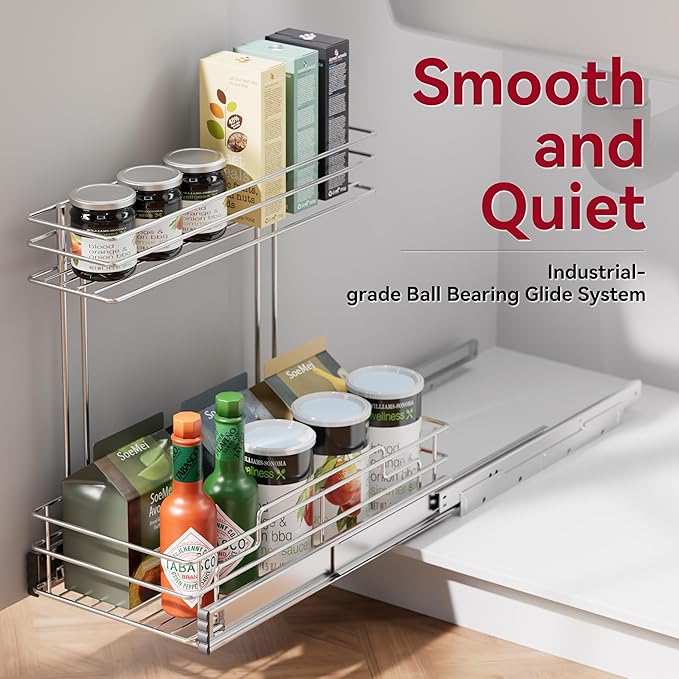 Under Sink Organizer 9" W X17 D, Pull Out Cabinet Organizer 2 Tier, Under Sink Slide Out Chrome Plated, Under Kitchen Bathroom Sink Organizer, Pantry Cabinet Closet Organization Rack, 2 Pack