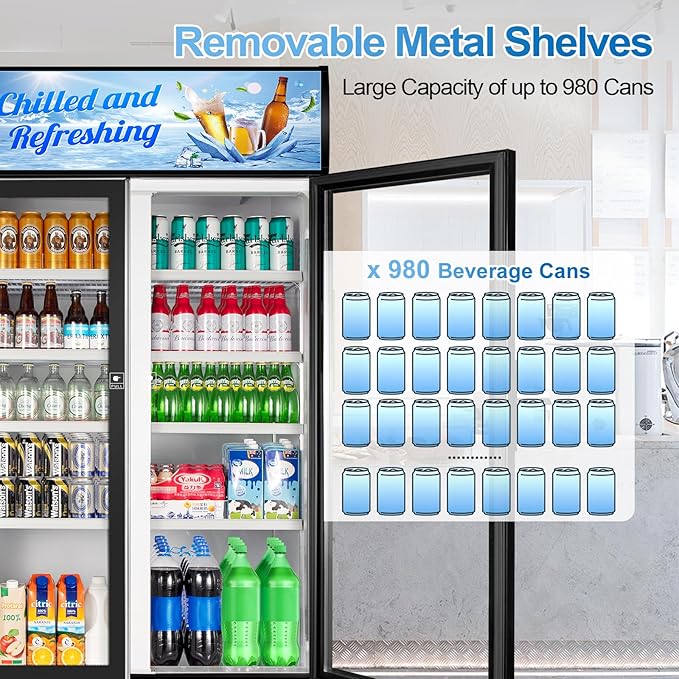 Tylza Commercial Refrigerator, Double Glass Door Display Beverage Fridge, 28.1 Cu Ft Upright Beverage Cooler Merchandiser with Replaceable Advertising Light Board, Rebound Door, Fast Cooling, Black