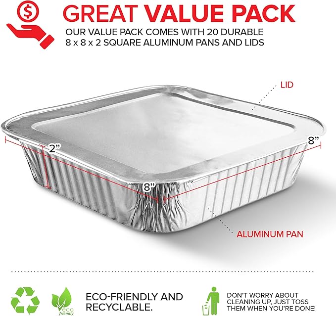 Stock Your Home 8x8 Foil Pans with Lids (20 Pack) 8 Inch Square Aluminum Pans with Covers -Disposable Food Containers Great for Baking Cake, Cooking, Heating, Storing, Prepping Food