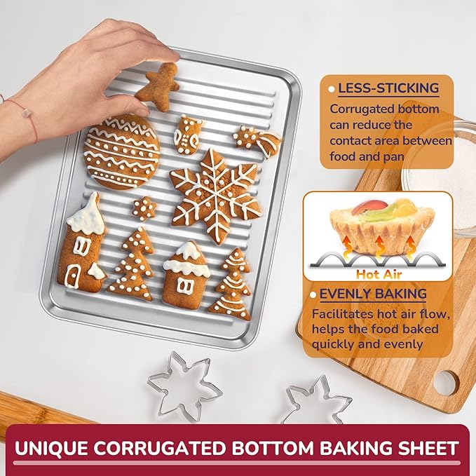 P&P CHEF 10.4 x 8 x 1 Inch Mini Toaster Oven Pan, Stainless Steel Small Baking Pan Oven Tray for Cooking & Roasting, Corrugated Bottom, Healthy & Sturdy, Dishwasher Safe - 2Pcs