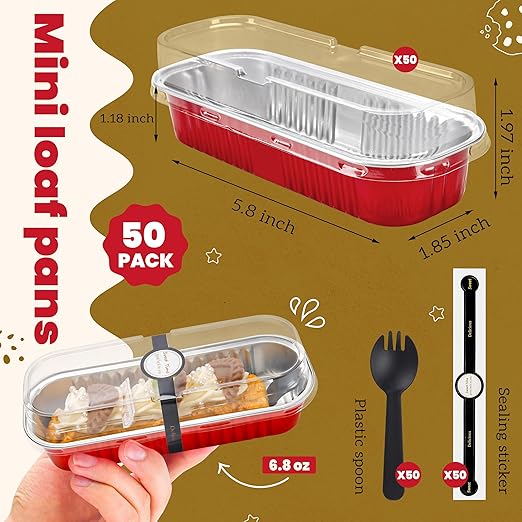 NPLUX 50 PACK Mini Cake Pans with Lids and Spoons, Rectangular Aluminum Foil Bread Pan, Mini Loaf Pans and Food Containers with Lids(Red, 6.8oz)