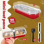NPLUX 50 PACK Mini Cake Pans with Lids and Spoons, Rectangular Aluminum Foil Bread Pan, Mini Loaf Pans and Food Containers with Lids(Red, 6.8oz)