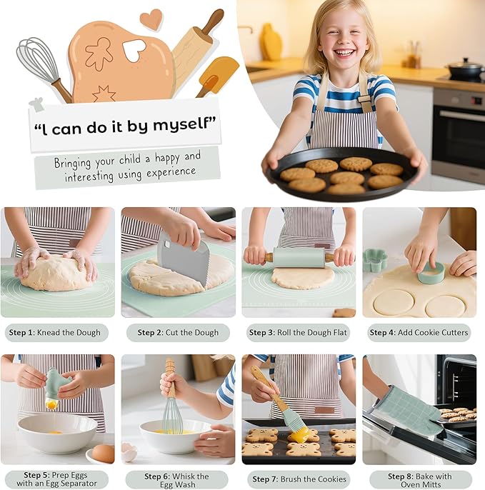 Ultimate Baking Kit for Kids - 38 Piece Kitchen Tools, Food Grade Silicone, BPA/BPS Free - Real Cooking Set for Ages 8-12 - Girls Boys Birthday Stocking Stuffer - Sage Green