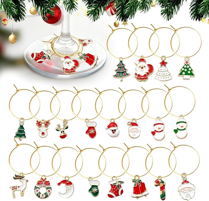 Christmas Wine Glass Markers - 20pcs Party Drink Marker Tags With Rings Stem Glasses Identifier For Party Favors Decorations Tasting