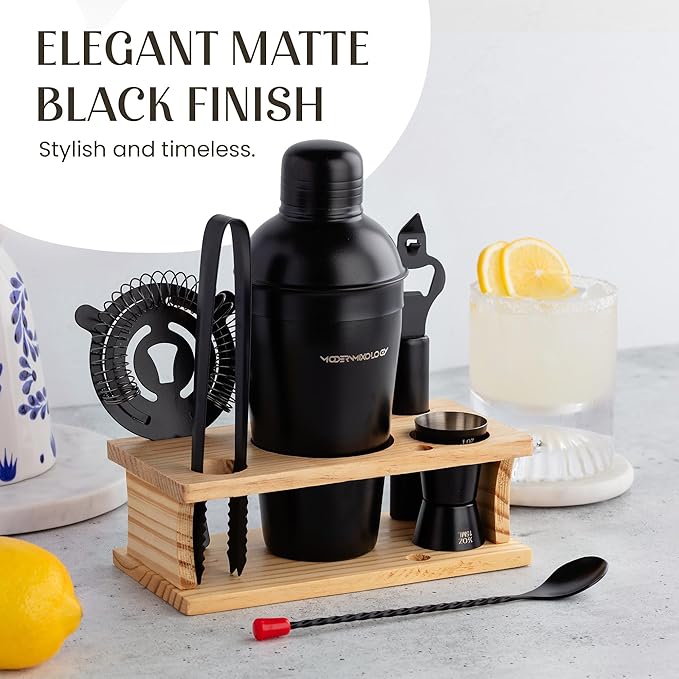 Modern Mixology Cocktail Shaker Set - 8 Piece Bartender Kit on Quality Pine Stand | Complete Cocktail Kit Gift Set | Top Bartender Gifts for Men | Leak Proof Design (Black)