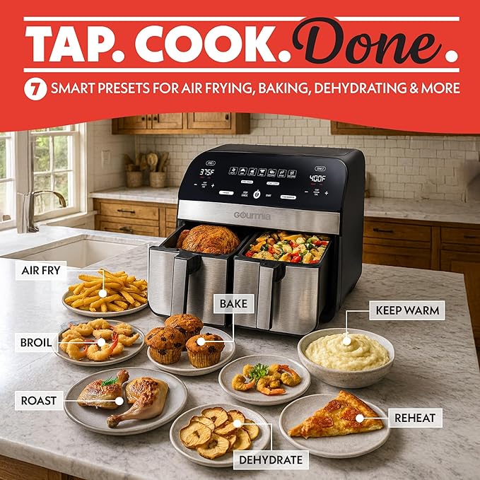 Gourmia Dual Basket Air Fryer - 10 Qt Large Capacity, FryForce360º, Digital Display with 7 Presets, Roast, Bake, Broil, Dehydrate, Match Cook, Sync Finish, Dishwasher Safe Accessories, Black