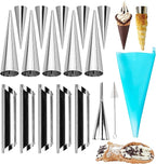 Stainless Steel Cannoli Forms Set, 5 Large Cannoli Forms, 5 Large Hones Mould, 5 Small Croissant Form, Cleaning Brush, Reusable Icing Bag and Long Frosting Tip for Puff Cupcakes Pastry