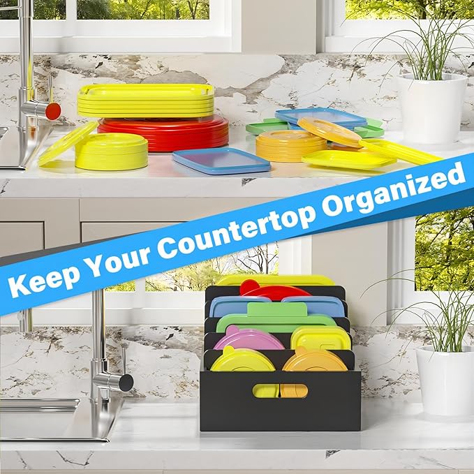 Bamboo Lid Organizers Inside Cabine, Lid Organizer Kitchen Cabinet with 5 Adjustable Dividers, Food Container Plastic Lids Organizer Holders for Drawer Pantry, Black