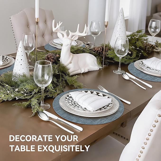 13" Round Placemats Set of 4, Reversible Faux Leather Heat Resistant Table Mats, Waterproof Oilproof Wipeable Table Protective Placemats for Vinyl, Washable for Indoor & Outdoor Use (4, Light Blue)