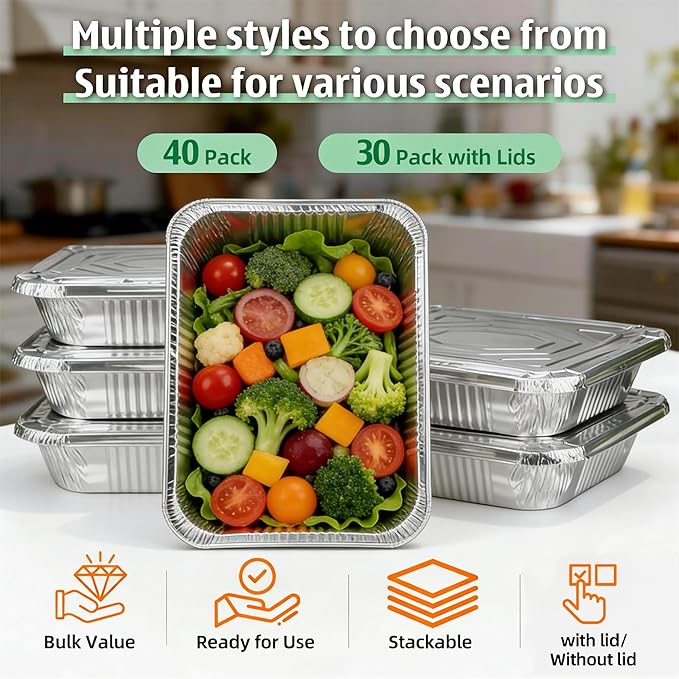 9x13 inch Aluminum Pans with Lids（30 sets）,Disposable Half Size Foil Pans with Lids, Deep Tin Foil Pan,Disposable Baking Pans for Cooking, Storing, Prepping, and Freezing Food,Oven-Safe