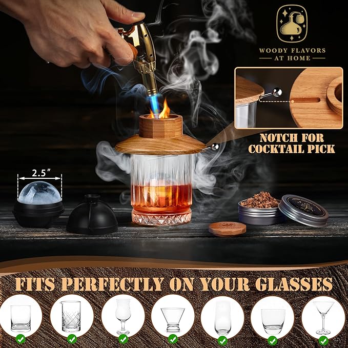 Cocktail Smoker Kit – Drink Smoker Bartender Kit with Torch, Sphere Ice Molds, Aromatic Wood Chips – Professional Bourbon Smoker Kit for Cocktails, Whiskey. Butane not Included
