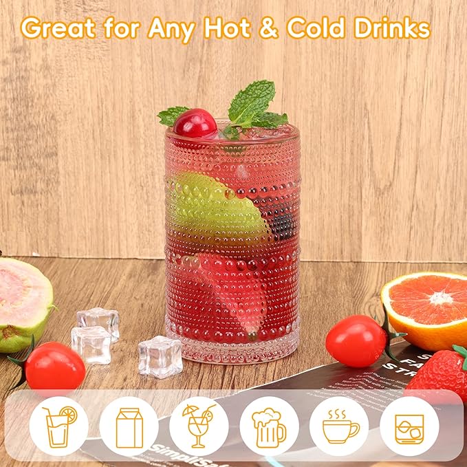Moretoes Hobnail Drinking Glasses Set of 16, 12 Oz Highball Glasses & 10 Oz Cocktail Glasses, Clear Embossed Boho Glass Cups Kitchen Bar Tumbler Glassware Set for Whiskey, Beer, Juice, Milk (Clear)