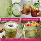 Kate Aspen Retro Arch Floral Green Drinking Glasses Set of 6-10 oz Vintage Beaded Glassware, Textured Water & Cocktail Cups, Holiday Drinkware, Christmas Gift Glass Set, Hostess or Holiday Gift