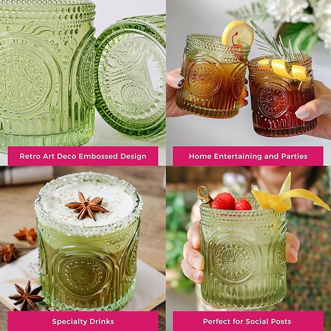 Kate Aspen Retro Arch Floral Green Drinking Glasses Set of 6-10 oz Vintage Beaded Glassware, Textured Water & Cocktail Cups, Holiday Drinkware, Christmas Gift Glass Set, Hostess or Holiday Gift