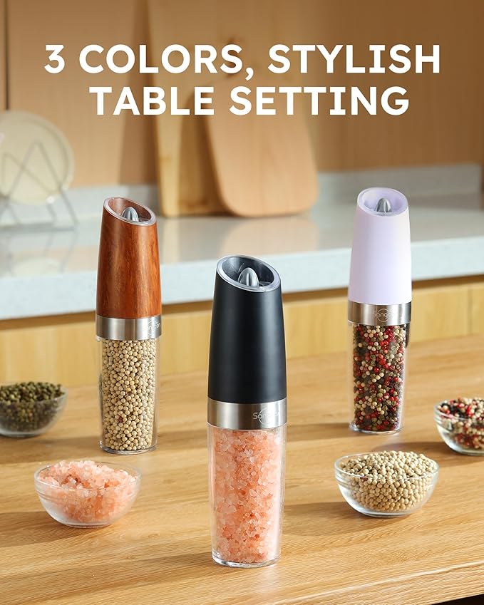 Sangcon Gravity Electric Salt and Pepper Grinder Set 𝐔𝐩𝐠𝐫𝐚𝐝𝐞𝐝 𝟗𝐨𝐳 𝐗𝐋 𝐂𝐚𝐩𝐚𝐜𝐢𝐭𝐲 Battery Powered Refillable Automatic Operation Adjustable Coarseness Mill Grinder Shakers Set