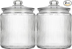 kitchentoolz 1 Gallon Ribbed Glass Cookie Jar - Large Food Storage Container with Airtight Lid - Keep Fresh Flour, Chewy Pet Treats, Candy, Dried Foods - Pack of 2