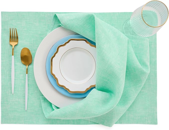 Solino Home Linen Cloth Napkins Set of 4-100% Pure Linen Chambray Aqua Dinner Napkins 20 x 20 Inch for Winter - Athena, Handcrafted and Machine Washable