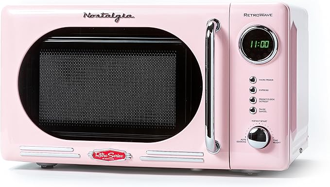 Nostalgia Retro Compact Countertop Microwave Oven - 0.7 Cu. Ft. - 700-Watts with LED Digital Display - Child Lock - Easy Clean Interior - Pink