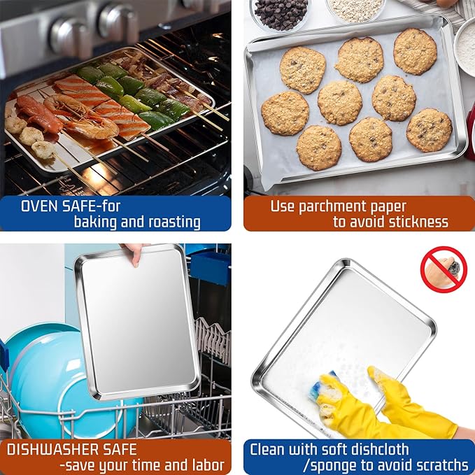 P&P CHEF 12.5 Inch Baking Cookie Sheet, Oven Pan Tray Stainless Steel Sheet Pan for Kitchen, Oven Bakeware for Multi Uses, Shiny Look & Dishwasher Safe, Healthy & Heavy Duty, 2Pcs