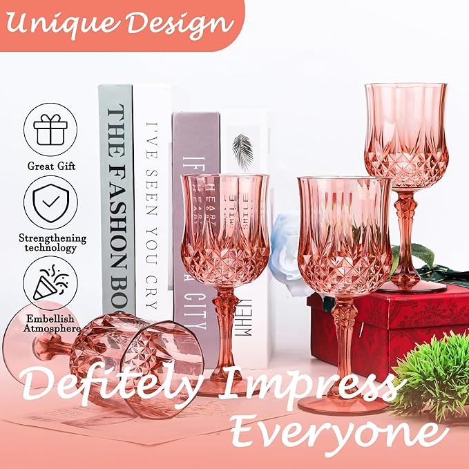 Plastic Wine Glasses, Plastic Goblets Vintage Style Cordial Unbreakable Drinking Glasses, Reusable Drinkware for Wedding Reception, Grand Event Party Supplies (12, Rose Gold)