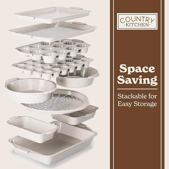 Country Kitchen Nonstick Stackable Bakeware Set - Heavy Duty, Durable, Easy Release Baking Set, Cream, 10 Pcs