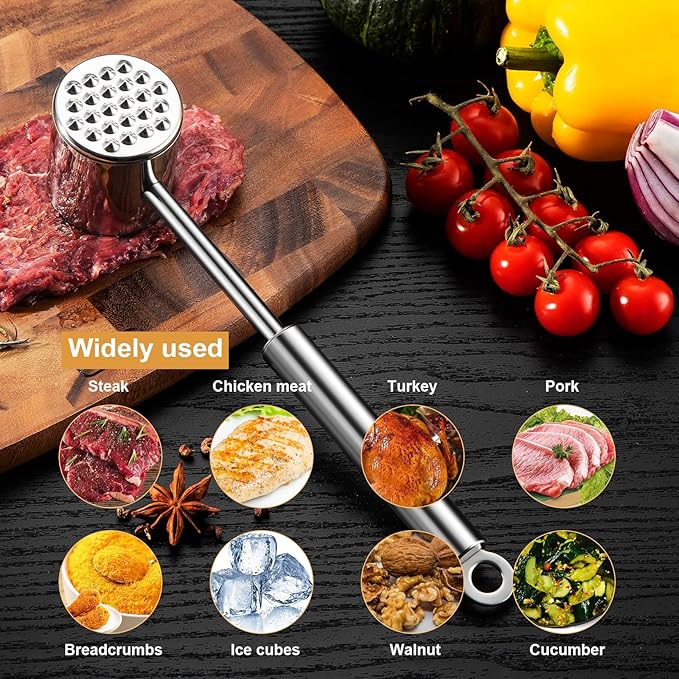Meat Tenderizer 304 Stainless Steel Heavy Meat Hammer Tool and Hand-Held Meat Tenderizing Needle Tool can Tenderize Steak, Chicken, Fish, Pork, Beef and Veal Easily