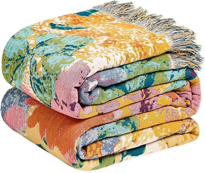 MSGKV Boho Throw Blanket for Bed 60"x80" Cotton Floral Twin Size Couch Blankets All Seasons Lightweight Muslin Breathable Farmhouse Blankets