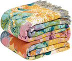 MSGKV Boho Throw Blanket for Bed 60"x80" Cotton Floral Twin Size Couch Blankets All Seasons Lightweight Muslin Breathable Farmhouse Blankets