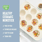 GreenLife 12-Cup Muffin Pan, PFAS-Free Healthy Nonstick Baking Tray, 11.4" x 1.9" x 15.9", Durable Ceramic Bakeware, Cupcakes, Egg Bites, Tarts, Brownies, Blue Haze