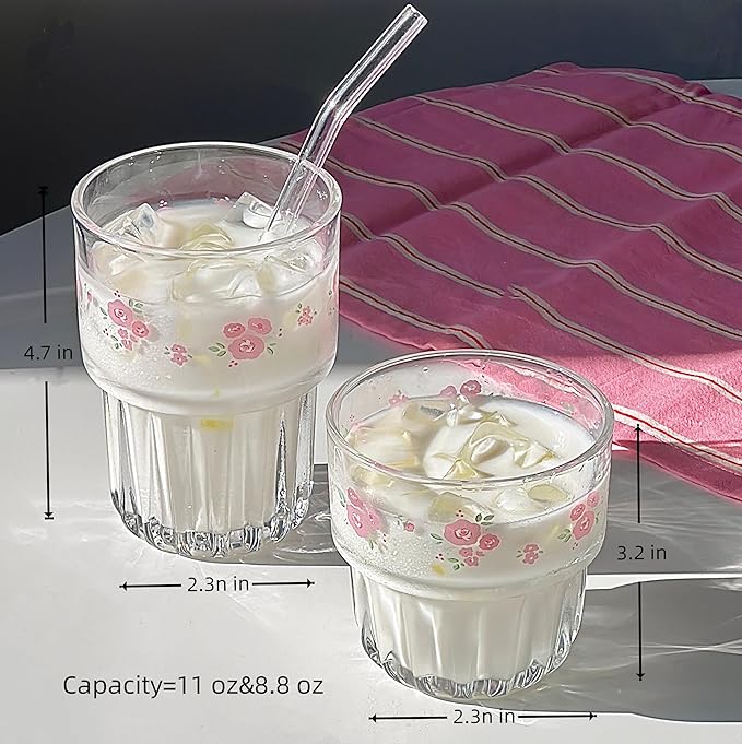 Set of 2 Floral Glass Coffee Cup Cute Drinking Glasses Stackable Floral Glass Cups for Juice,Iced Coffee,Milk,Tea,Dessert,Flower Teacups Glassware Drinkware Set (pink)