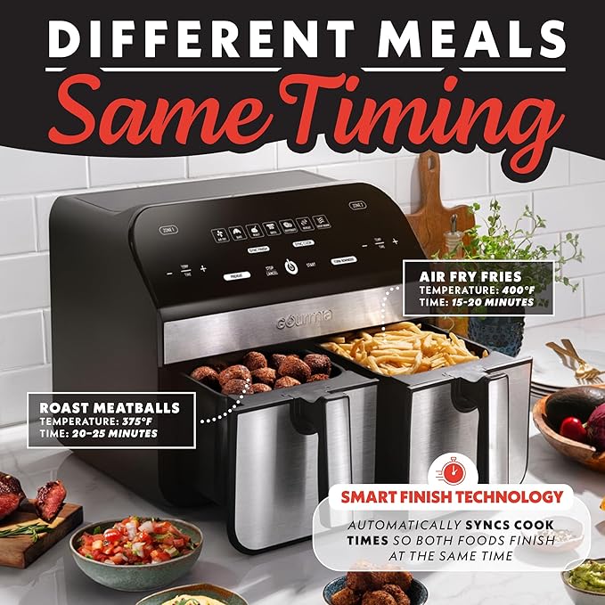 Gourmia Dual Basket Air Fryer - 10 Qt Large Capacity, FryForce360º, Digital Display with 7 Presets, Roast, Bake, Broil, Dehydrate, Match Cook, Sync Finish, Dishwasher Safe Accessories, Black