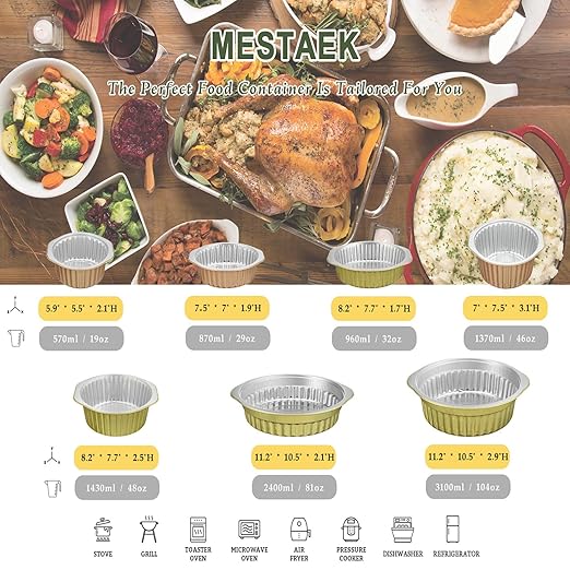 7.7" Round Aluminum Foil Containers with Lids (5 Pack) – Heavy Duty Disposable Takeout Pans for Meal Prep, Pasta, Casserole, Food Storage & Catering, 48oz
