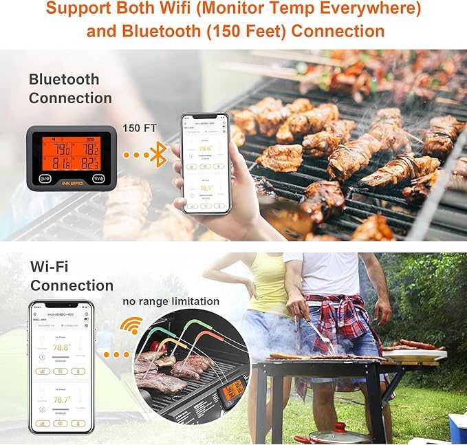 Bluetooth and WiFi Meat Thermometer IBBQ-4BW, Smart Wireless Grill Thermometer, 4 Color Probes | Mobile Notification, High/Low Timer, Rechargeable Digital Bluetooth Thermometer for Smoker Oven Kitchen