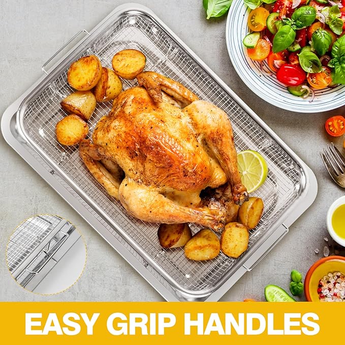 Air Fryer Basket for Oven 15 x 11 Inch Stainless Steel, Air Fryer Accessories Oven Rack and Crisper Tray, Bacon Cooker Broiler pan for oven, Bakeware Sets Oven Rack-2 Piece Large