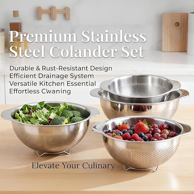 18/8 Stainless Steel Strainer and Colander for Kitchen, Fine Mesh Strainer with Handle, Food Strainers and Colanders for Spaghetti, Vegetables, Fruits, Eggs, Rice, Noodles and Pasta (4QT)