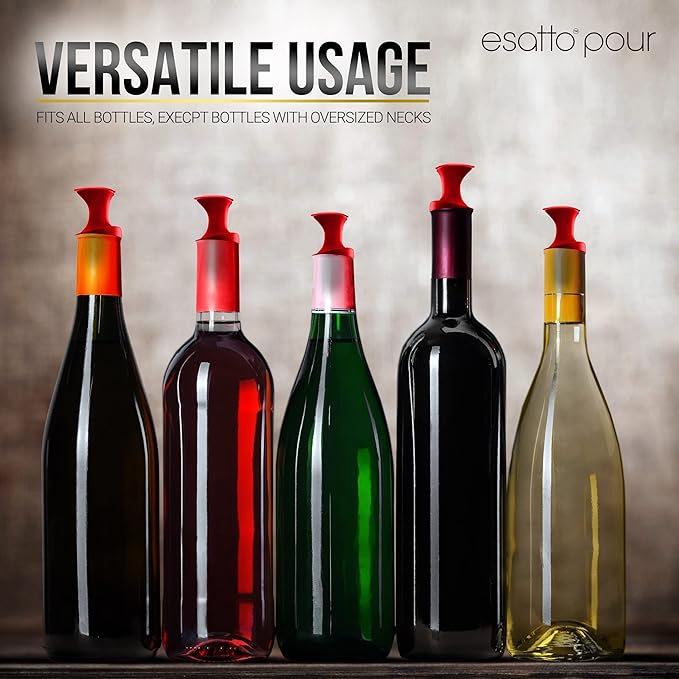 Esatto Pour and Seal, Plastic Bottle Pourers With Built In Lid – Easy and Precise Pouring, Lid for Storing and Healthy Practices, Professional Bar Tool, Pack of 12 Pieces Wine Stopper Pourer (Red)