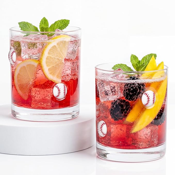 2 Pcs Handmade Baseball Icon Juice Glass Cup, Durable Heat-Resistant Glass, 14 oz Double Old Fashioned Drinking Glass Cup for Holiday Party Supplies Spring Gifts