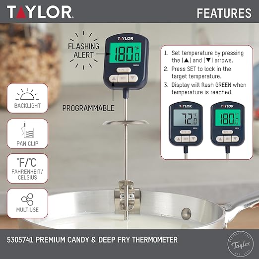 Taylor Digital Premium High Heat Resistant Candy Thermometer, Meat, Deep Fry, Brewing, and Craft Thermometer, with pan/Kettle Clip and Heat Shield, Backlit Display, and Includes 1 CR2032 Battery, Navy