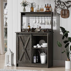 4ever2buy Farmhouse Coffee Bar with Hutch, 31 Inch Buffet Cabinet with Sliding Barn Door, Storage Bar Cabinet with 6 Hooks, Coffee Bar Table with Adjustable Shelves for Living Dining Room, Grey