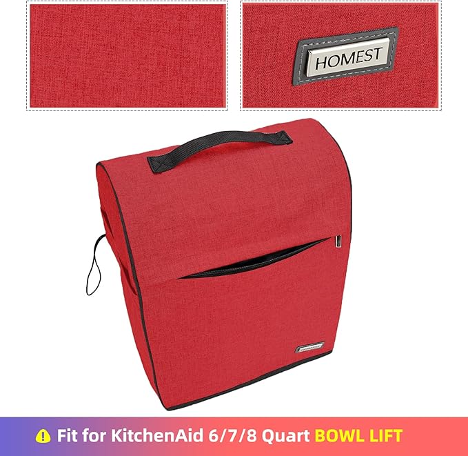 HOMEST Stand Mixer Dust Cover Compatible with KitchenAid 5/4.5 Quart Bowl Lift, Zipper Pocket for Various Kitchen Appliance Accessories, Red (Patent Design)