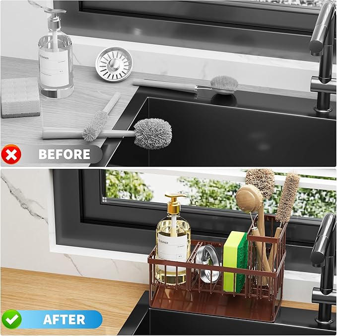 Cisily Kitchen Sink Caddy, Sponge Holder for Kitchen Sink, Kitchen Sink Organzier and Storage with High Brush Holder, Rustproof 304 Stainless Gadgets Sink Accessories(Brown)