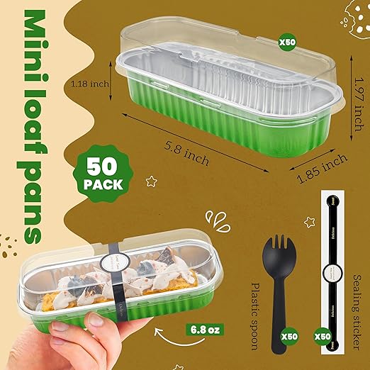 NPLUX 50 PACK Mini Cake Pans with Lids and Spoons, Rectangular Aluminum Foil Bread Pan, Mini Loaf Pans and Food Containers with Lids(Grass Green, 6.8oz)