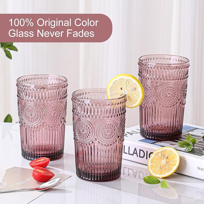 ZMOWIPDL Vintage Glassware Drinking Glasses Set of 6,13 oz Purple Textured Flower Design Glass Water Tumblers，Embossed Striped Drinkware for Water,Cocktails,Juice,Iced Coffee