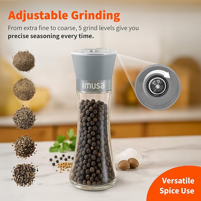 IMUSA Salt Shaker and Pepper Grinder Set – 2 Pack Glass Salt Shaker and Pepper Mill Set, Manual Adjustable Ceramic Core Pepper Grinder, 6 oz Capacity, Refillable Salt and Pepper Set for Kitchen