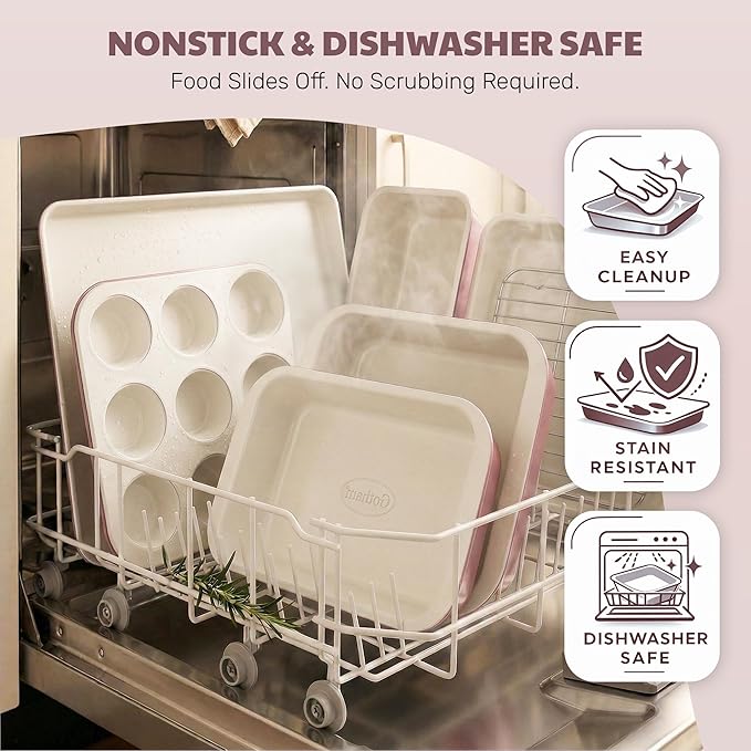 Gotham Steel 6 Pc Stackable Baking Pans Set, 70% Space Saving Design, Ceramic Bakeware Sets Non Toxic Made Without PFOA PFOS, with Baking Sheet Tray, Cake & Muffin Pans, Oven & Dishwasher Safe
