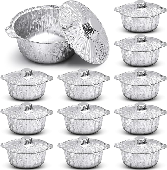 Ziliny 12 Pcs Disposable Aluminum Pot with Lid Round Foil Pans Disposable Cookware Food Container for Vacation Trips Camping Baking Heating Cooking (121.7 oz)