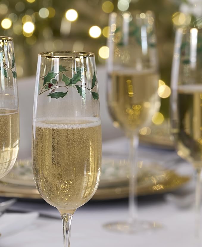 Lenox Glassware, Holiday Decal Flutes, Set of 4, 11-Ounce Capacity, Made From Glass, Flutes, Drinking Glasses Set, Home And Kitchen, Champagne Flute, Champagne Glasses (Clear, 4 Piece)