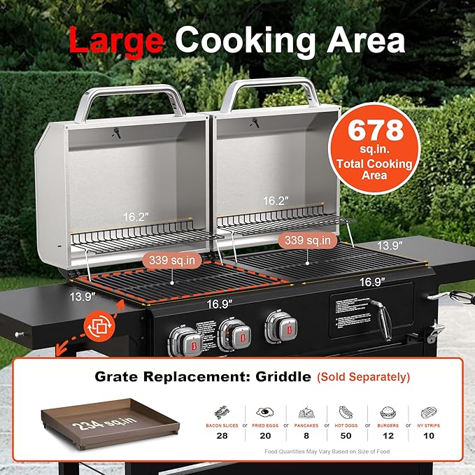 Brand-Man Propane Gas and Charcoal Grill Combo, Dual Fuel BBQ Combo Grill with Stainless Steel Dual Lids & 2 Side Shelves for Outdoor Kitchen & Backyard Barbecue Cooking