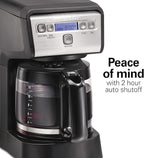 Hamiton Beach 12 Cup Compact Programmable Drip Coffee Maker with No-Drip Burosilicate Glass Carafe, 2-Hour Auto Shutoff, Space-Saving Design, Black with Stainless Steel Accents (46200)